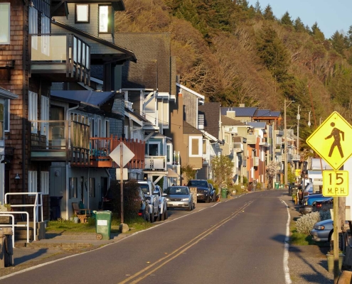 Beach rowhomes in Seattle with sunset light